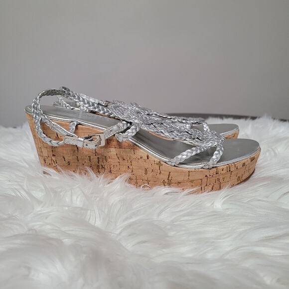 Kate Spade New York Women’s 8.5 Wedge Sandals Silver Braided Cork Heel - Picture 3 of 11